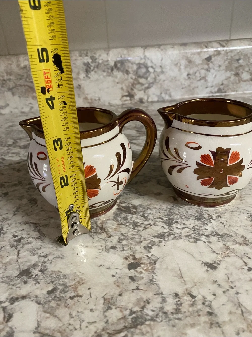Pair of Cream and Brown Floral Ceramic Creamers with Copper LusterTrim. Vintage